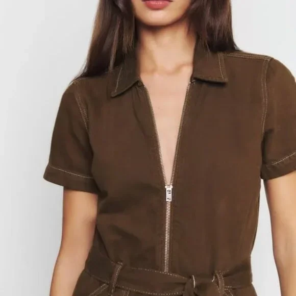 Reformation Jeans Cassidy Chocolate Brown Denim Jumpsuit - Picture 5 of 12